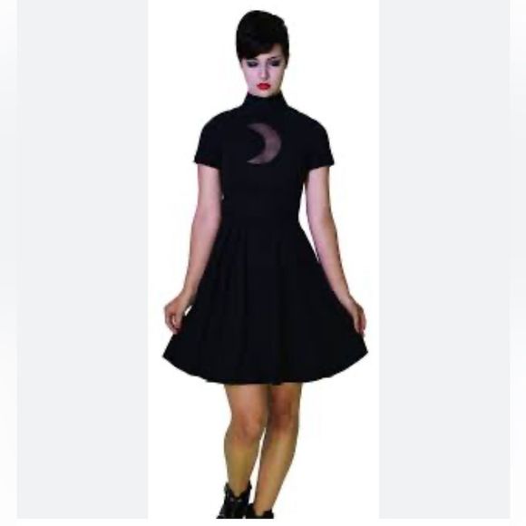 Killstar | Cresent Moon Goth Punk Lace Trim Dress Wednesday Adams Grunge - Picture 4 of 8